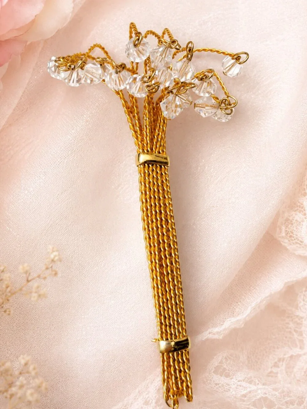 VINTAGE Fountain Spray Brooch: Gold Plate Crystal Dangle Statement Jewelry
